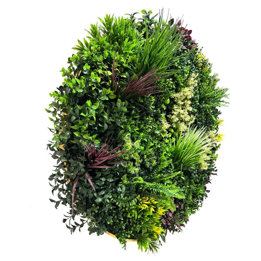 Aranjament decorativ, de perete, cu ramă din aluminiu și plante artificiale Naimeed D7453, diametru 100 cm