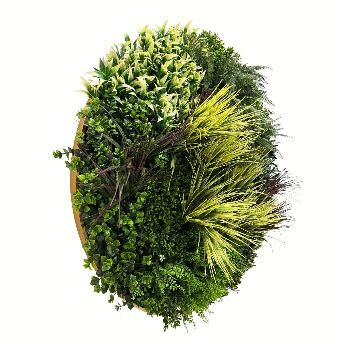 Aranjament decorativ, de perete, cu ramă din aluminiu și plante artificiale Naimeed D7464, diametru 100 cm