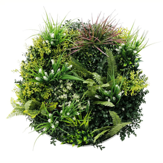 Aranjament decorativ, de perete, cu ramă din aluminiu și plante artificiale Naimeed D7466, diametru 75 cm