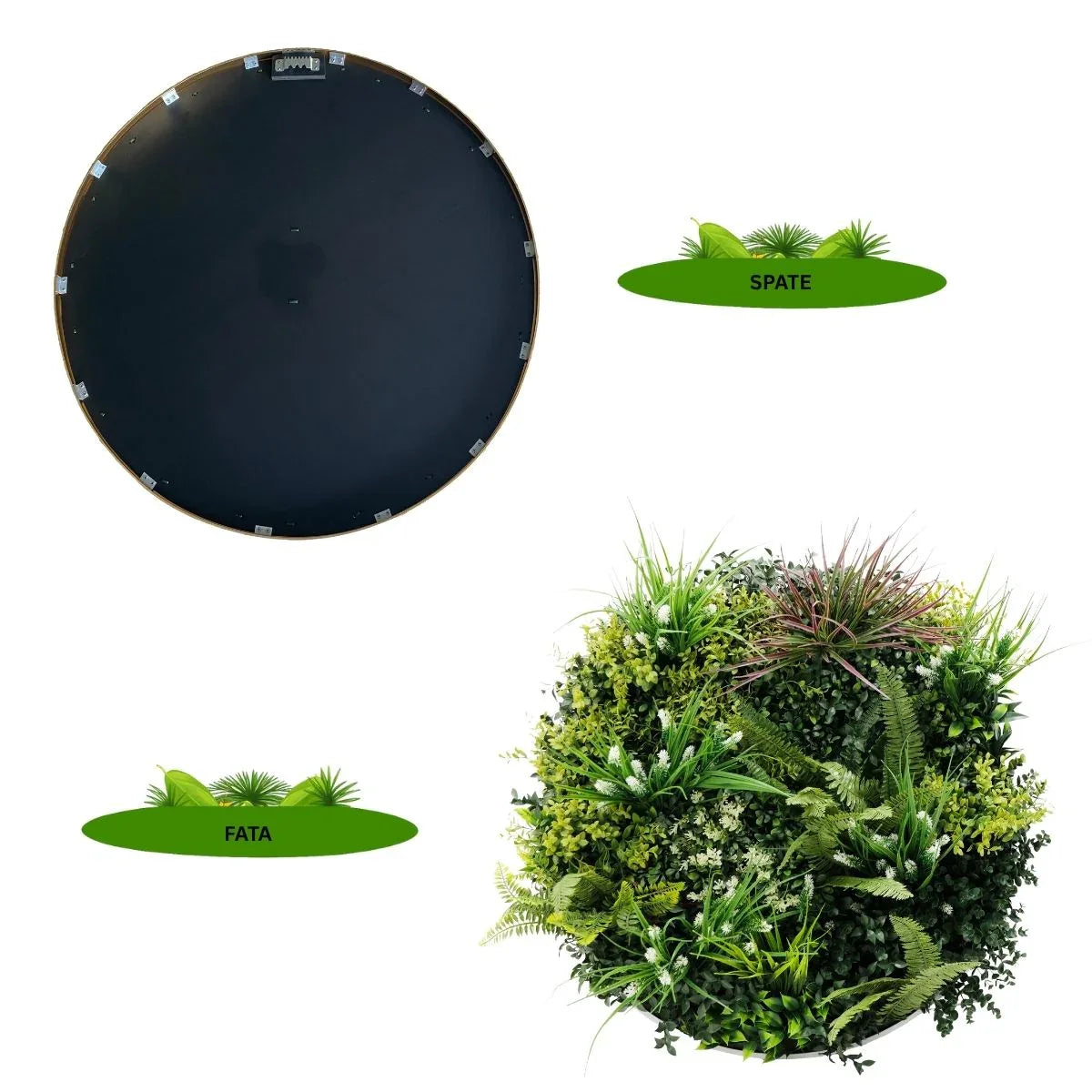 Aranjament decorativ, de perete, cu ramă din aluminiu și plante artificiale Naimeed D7466, diametru 75 cm