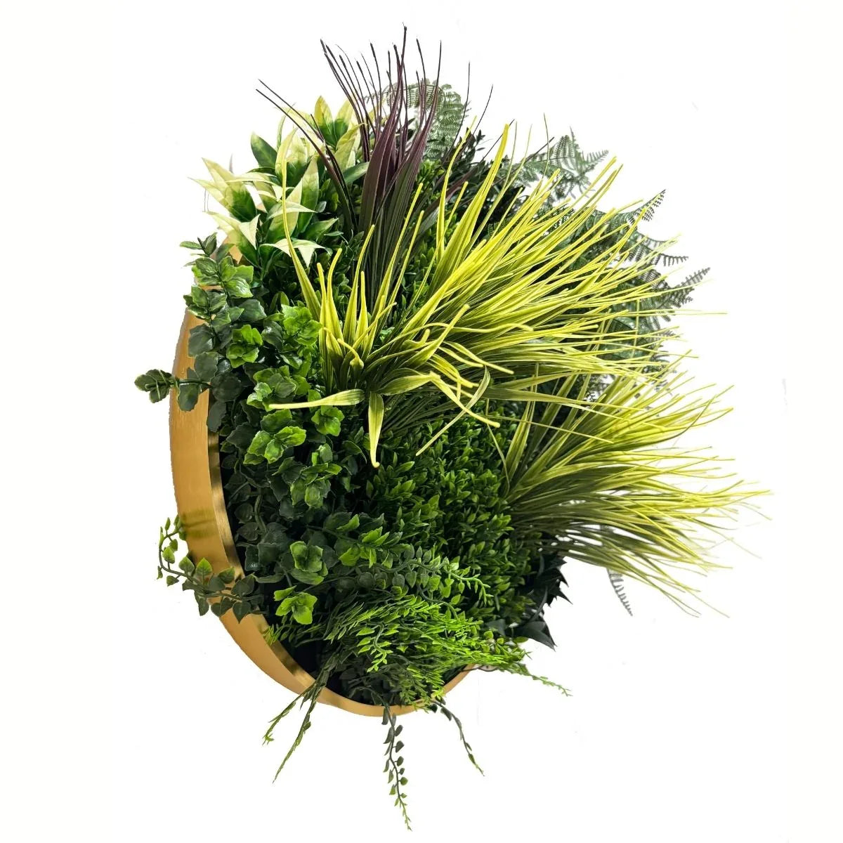 Aranjament decorativ, de perete, cu ramă din aluminiu și plante artificiale Naimeed D7467, diametru 50 cm