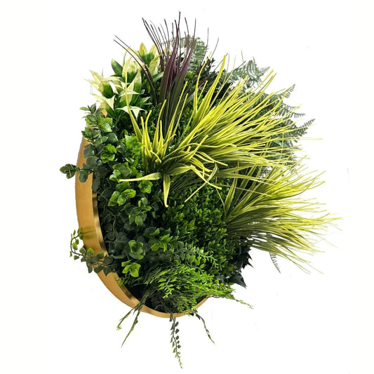 Aranjament decorativ, de perete, cu ramă din aluminiu și plante artificiale Naimeed D7467, diametru 50 cm