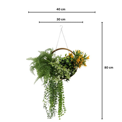Aranjament Suspendat cu Plante Artificiale pe Disc Decorativ Auriu, Naimeed D7476, diametru 30 cm