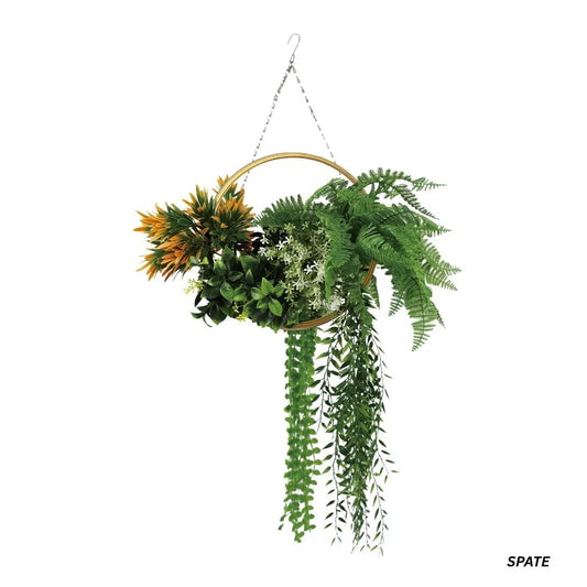 Aranjament Suspendat cu Plante Artificiale pe Disc Decorativ Auriu, Naimeed D7476, diametru 30 cm