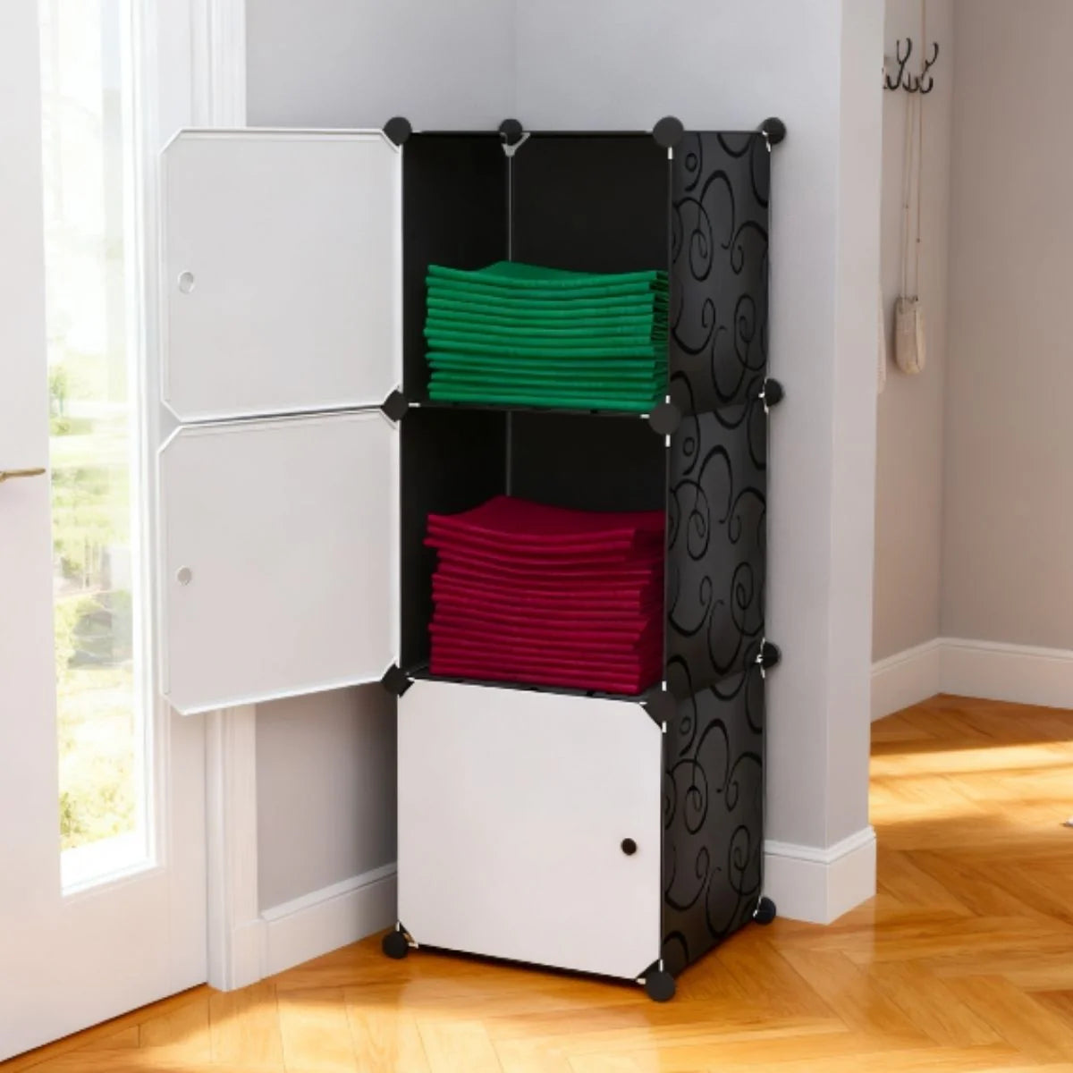 Dulap/Pantofar Modular, 3 usi, Naimeed D7922, 37x37x110cm, Alb/Negru