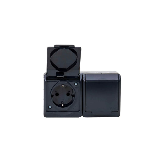 Priza dubla cu capac negru HERMES, 16A/250, IP44 / ELPL-0325-07