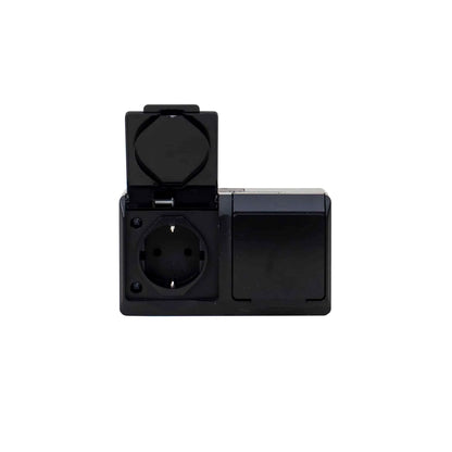 Priza dubla neagra cu capac HERMES, 16A/250, IP44 / ELPL-0325-09