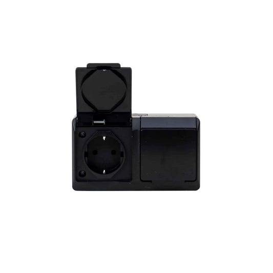 Priza dubla neagra cu capac HERMES, 16A/250, IP44 / ELPL-0325-09