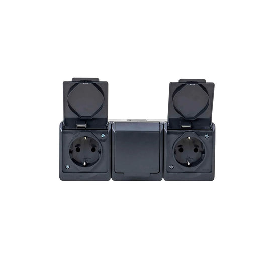 Priza tripla cu capac negru HERMES, 16A/250, IP44 / ELPL-0326-07