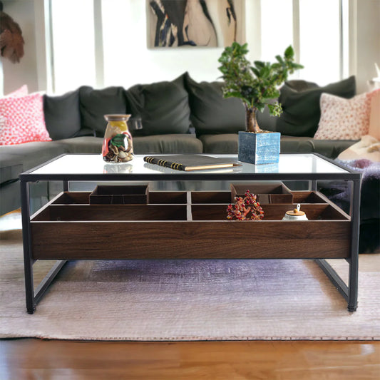 Masuta de cafea, blat din sticla, 4 compartimente, Naimeed N-175, Stejar Inchis, 100x55x42cm