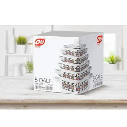 Set 5 oale emailate si capace din sticla OTI, diametre 16/18/20/22/24 / OTI 0017