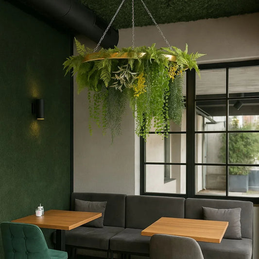 Aranjament Suspendat cu Plante Artificiale pe Disc Decorativ Auriu, Naimeed D7454, diametru 60 cm