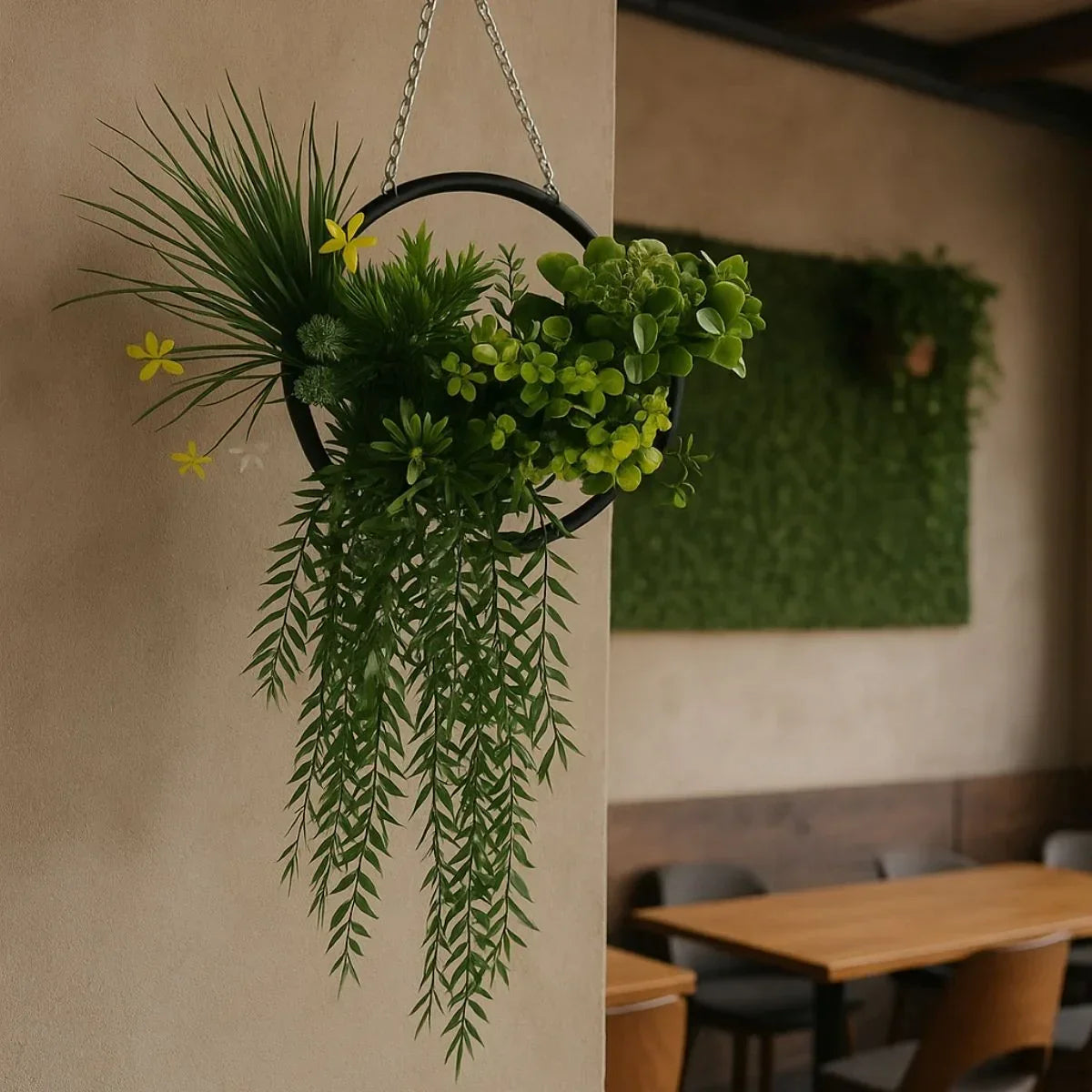 Aranjament Suspendat cu Plante Artificiale pe Disc Decorativ Auriu, Naimeed D7444, diametru 80 cm