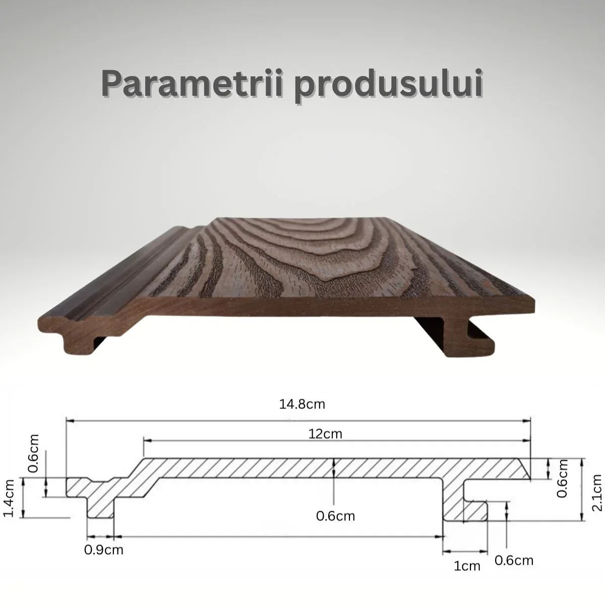 Lambriu decorativ riflaj WPC, pentru exterior, montaj rapid, rezistenta ridicata, Naimeed D7497, 280x14.8x2.1cm, Stejar gri