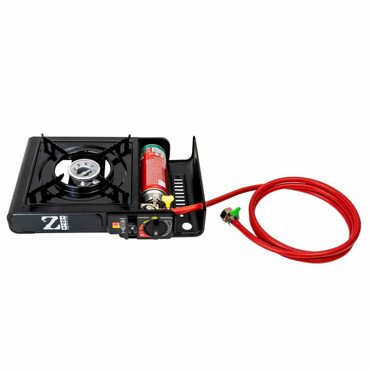 Pachet promo - Aragaz camping, aprindere automata, negru, dubla alimentare + 2 butelii 410ml + kit alimentare butelie / SET 30060