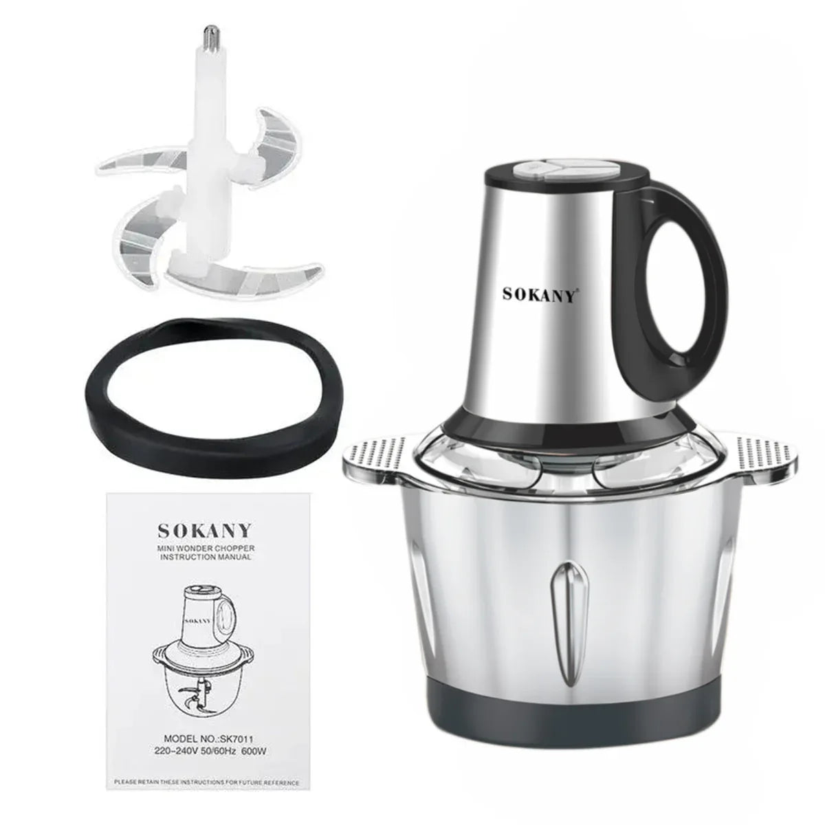 Tocator electric Sokany SK-7011, 4 lame din otel inoxidabil de inalta calitate, 500 W, 3L, recipient din Inox, Negru