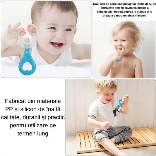 Pachet periute de dinti in forma de U pentru copii, design pentru curatarea dintilor la 360°, varsta intre 2-6 ani, albastru