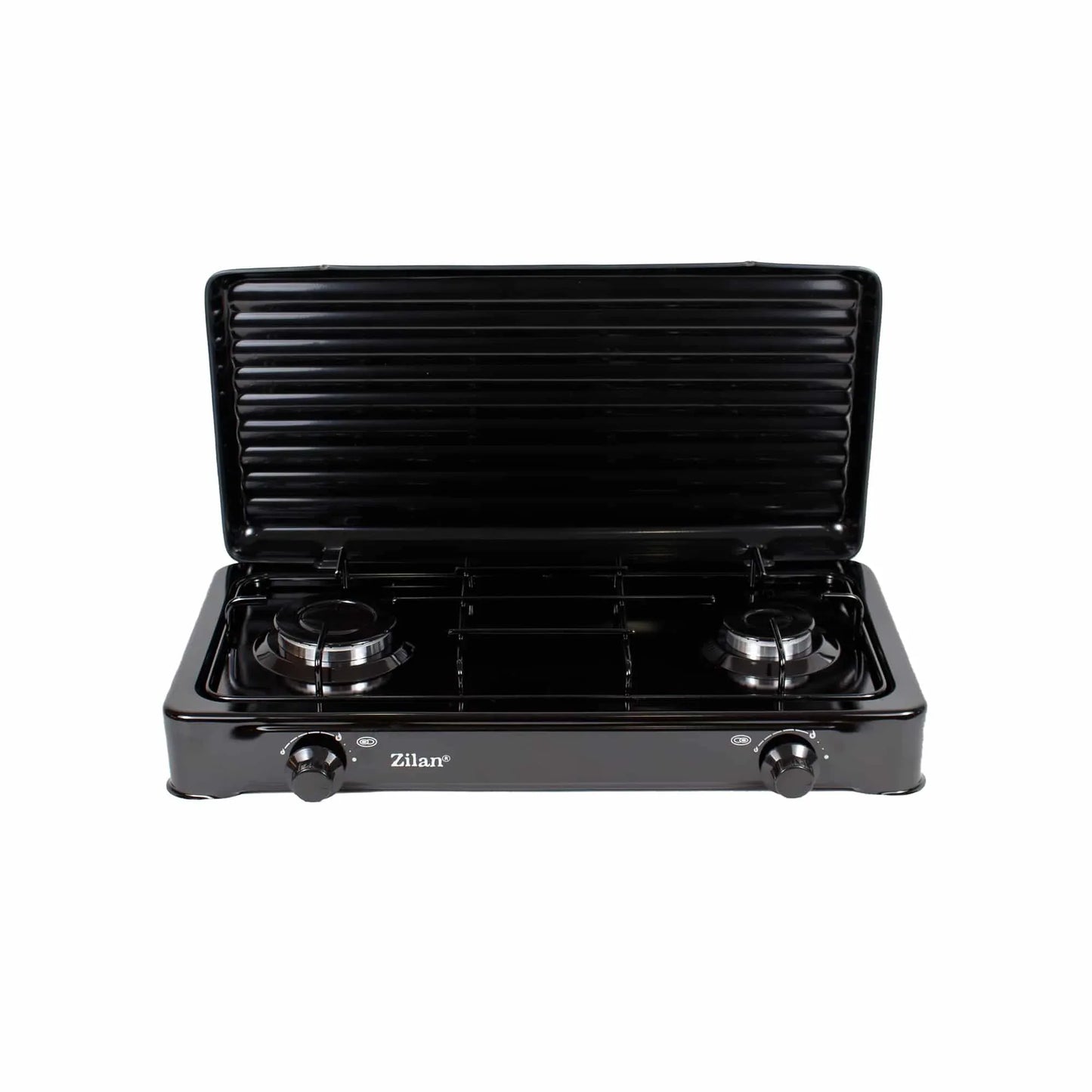 Pachet aragaz 2 ochiuri, 58x29 cm. (ceas pentru butelie, 2 m furtun pentru gaz, 3 coliere pentru furtun, aprinzator, culoare: negru) cod: ZLN 0025B_N