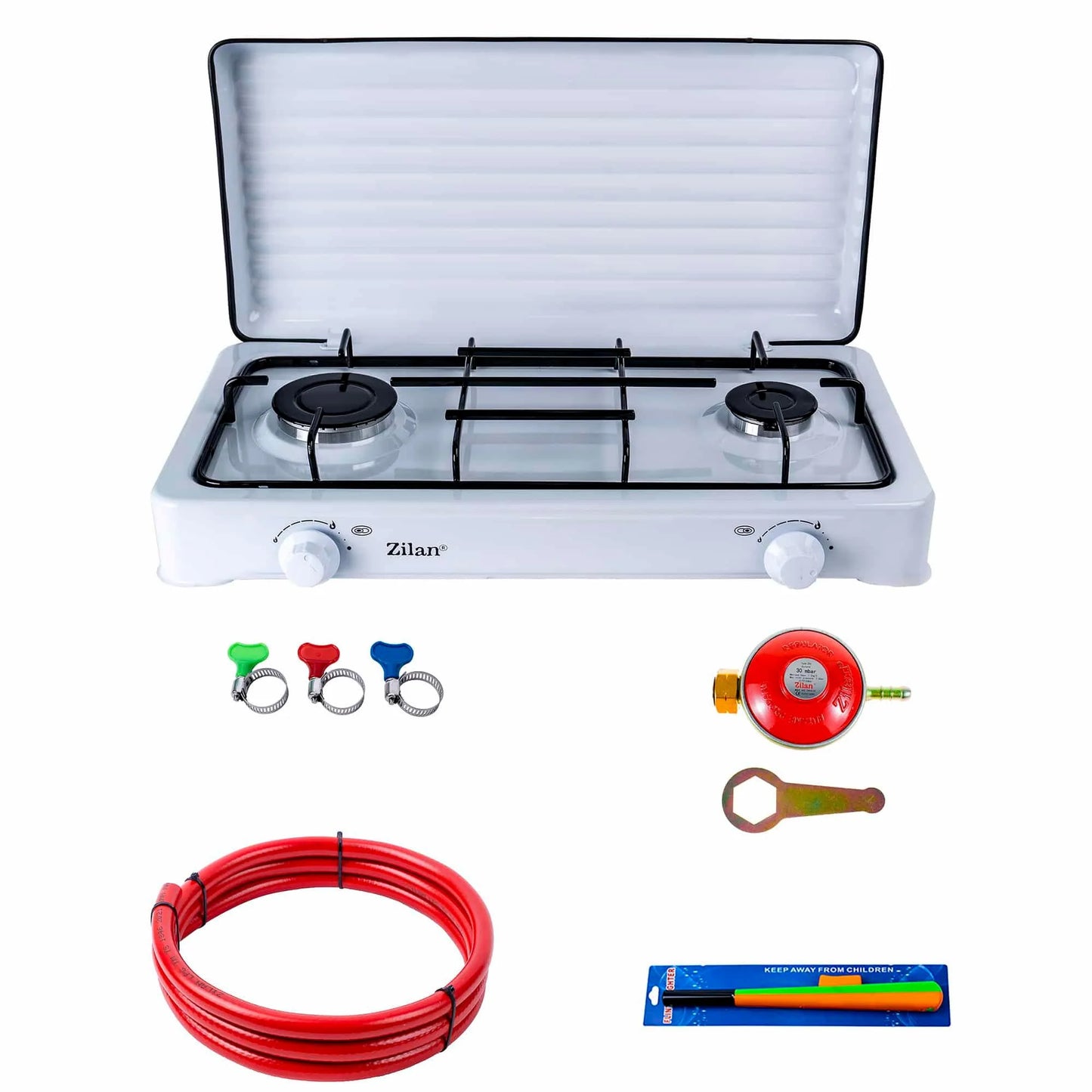 Pachet aragaz 2 ochiuri, 58x29 cm, plus (ceas pentru butelie, 2 m furtun pentru gaz, 3 coliere pentru furtun, aprinzator) ZLN 0025W_A