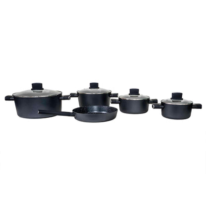 Set oale, 9 piese din aluminiu, compus din 4 oale cu manere ,1 tigaie, 4 capace sticla termorezistente / ZLN 0942