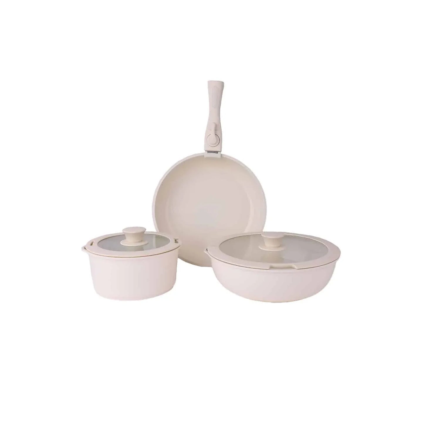 Set 5 piese din ceranica, compus din 2 oale, 1 tigaie si 2 capace de sticla, crem, ZILAN / ZLN 0965