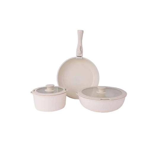 Set 5 piese din ceranica, compus din 2 oale, 1 tigaie si 2 capace de sticla, crem, ZILAN / ZLN 0965