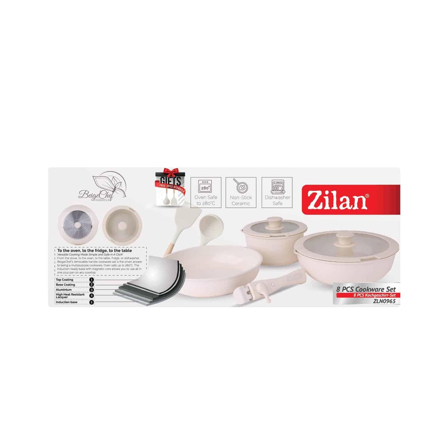 Set 5 piese din ceranica, compus din 2 oale, 1 tigaie si 2 capace de sticla, crem, ZILAN / ZLN 0965