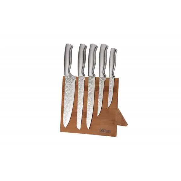 Set 5 cutite din otel inoxidabil, plus suport din bambus ZILAN / ZLN 1641