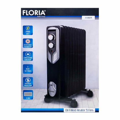 Calorifer electric, putere 2000 W, 9 elementi, 3 trepte de putere, Termostat reglabil, Protectie supra-incalzire, Indicator luminos / ZLN 3659