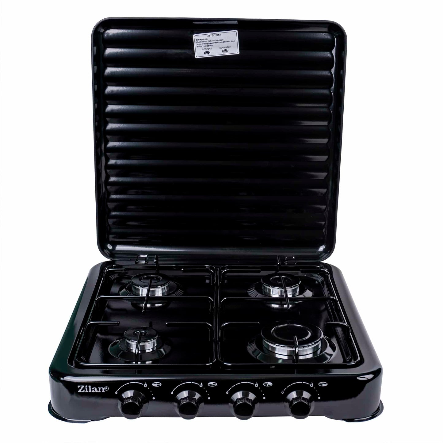 Pachet Aragaz 4 ochiuri, 55X50cm, Ceas pentru butelie,  2m furtun pentru gaz, 3 x coliere pentru furtun, aprinzator, negru / ZLN 7079B_N