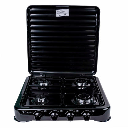 Pachet Aragaz 4 ochiuri, 55X50cm, Ceas pentru butelie,  2m furtun pentru gaz, 3 x coliere pentru furtun, aprinzator, negru / ZLN 7079B_N