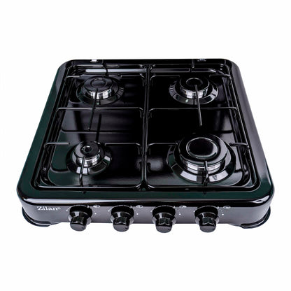 Pachet Aragaz 4 ochiuri, 55X50cm, Ceas pentru butelie,  2m furtun pentru gaz, 3 x coliere pentru furtun, aprinzator, negru / ZLN 7079B_N