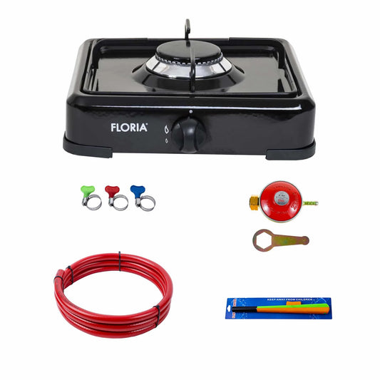 Pachet aragaz 1 ochi, 28×28 cm plus (ceas pentru butelie, 2 m furtun pentru gaz, 3 coliere pentru furtun, aprinzator) negru / ZLN 7118_1