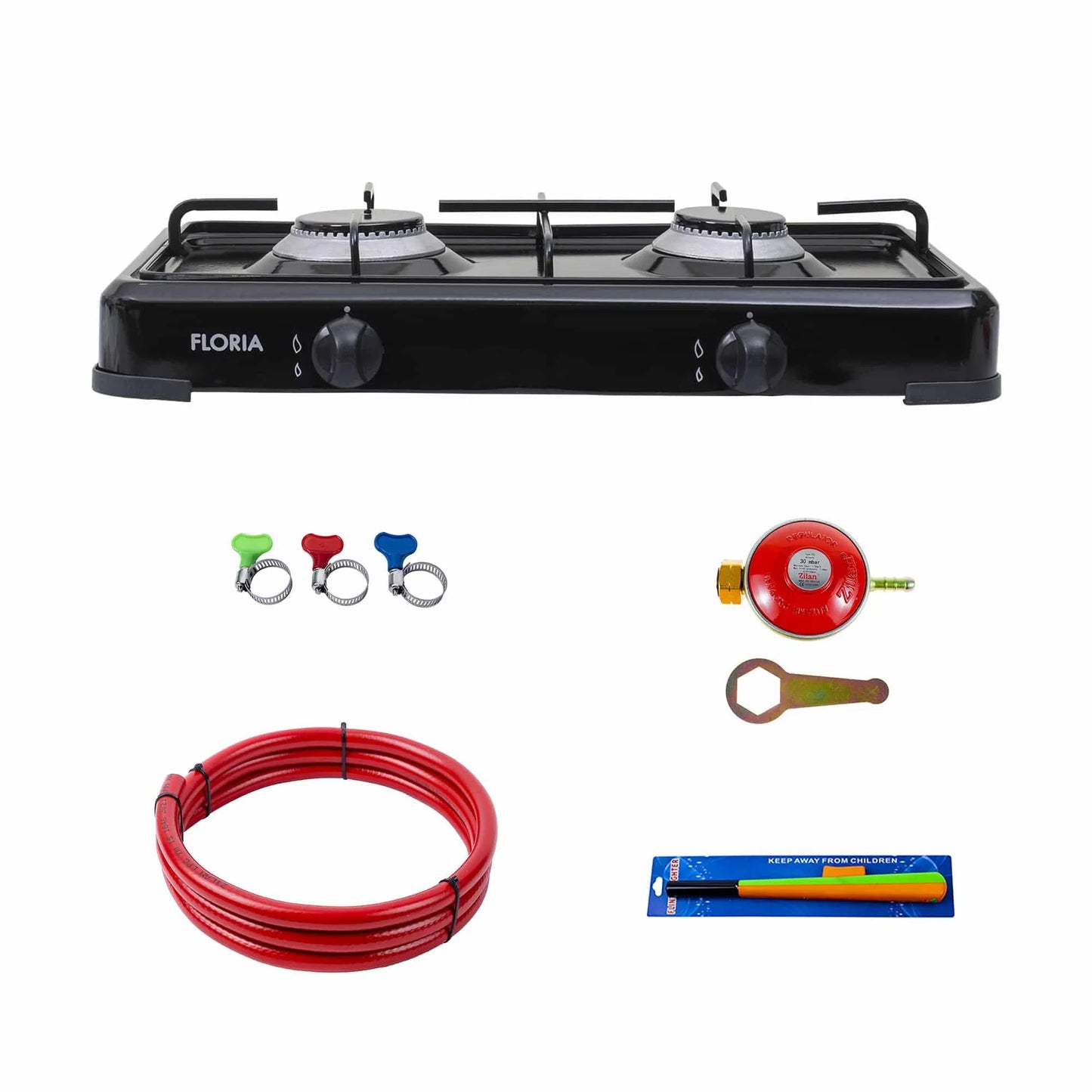 Pachet aragaz 2 ochiuri, 51×28 cm plus (ceas pentru butelie, 2 m furtun pentru gaz, 3 coliere pentru furtun, aprinzator) negru / ZLN 7128_1