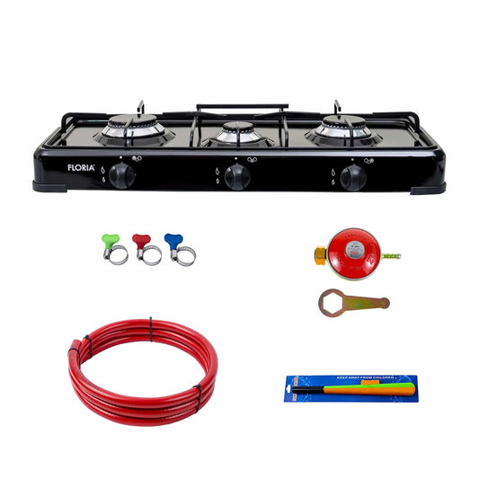 Pachet aragaz 3 ochiuri, 62×30 cm plus (ceas pentru butelie, 2 m furtun pentru gaz, 3 coliere pentru furtun, aprinzator) negru / ZLN 7138_1