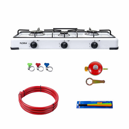 Pachet aragaz 3 ochiuri, 62×30 cm plus (ceas pentru butelie, 2 m furtun pentru gaz, 3 coliere pentru furtun, aprinzator) alb / ZLN 7139_1