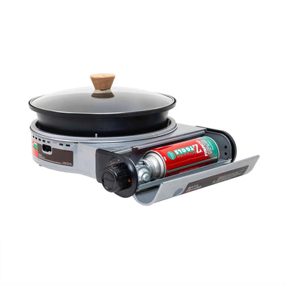Pachet aragaz camping, cu oala si capac de sticla, putere 2.3kw, aprindere electrica, gri + 3 butelii 410ml / ZTS 5613_1