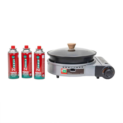 Pachet aragaz camping, cu oala si capac de sticla, putere 2.3kw, aprindere electrica, gri + 3 butelii 410ml / ZTS 5613_1