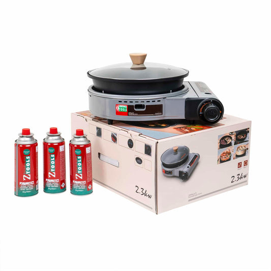 Pachet aragaz camping, cu oala si capac de sticla, putere 2.3kw, aprindere electrica, gri + 3 butelii 410ml / ZTS 5613_1