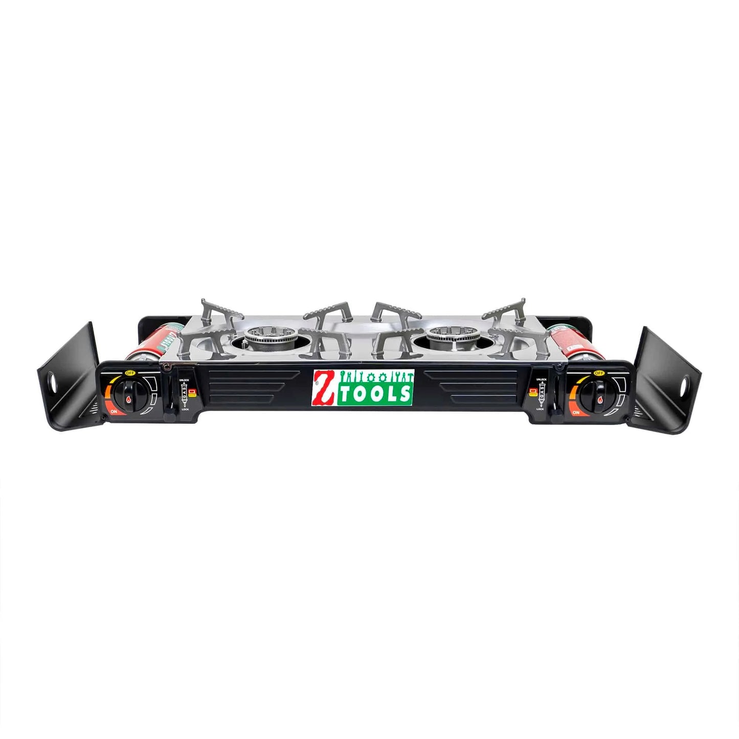 Pachet aragaz camping cu 2 ochiuri, aprindere electrica, putere 2x2.5kw, din inox cu tava gril si cutie de transportat + 4 butelii 410ml / ZTS 5619_1