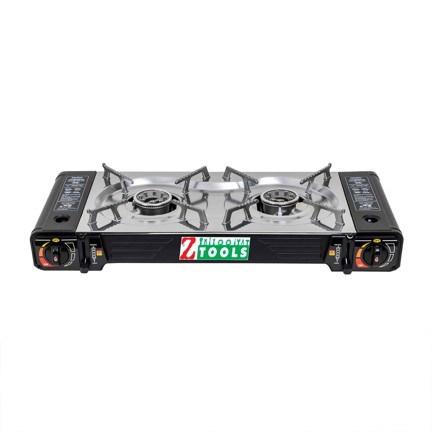 Pachet aragaz camping cu 2 ochiuri, aprindere electrica, putere 2x2.5kw, din inox cu tava gril si cutie de transportat + 4 butelii 410ml / ZTS 5619_1