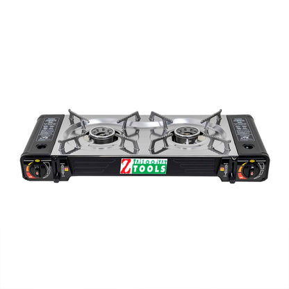 Pachet aragaz camping cu 2 ochiuri, aprindere electrica, putere 2x2.5kw, din inox cu tava gril si cutie de transportat + 4 butelii 410ml / ZTS 5619_1