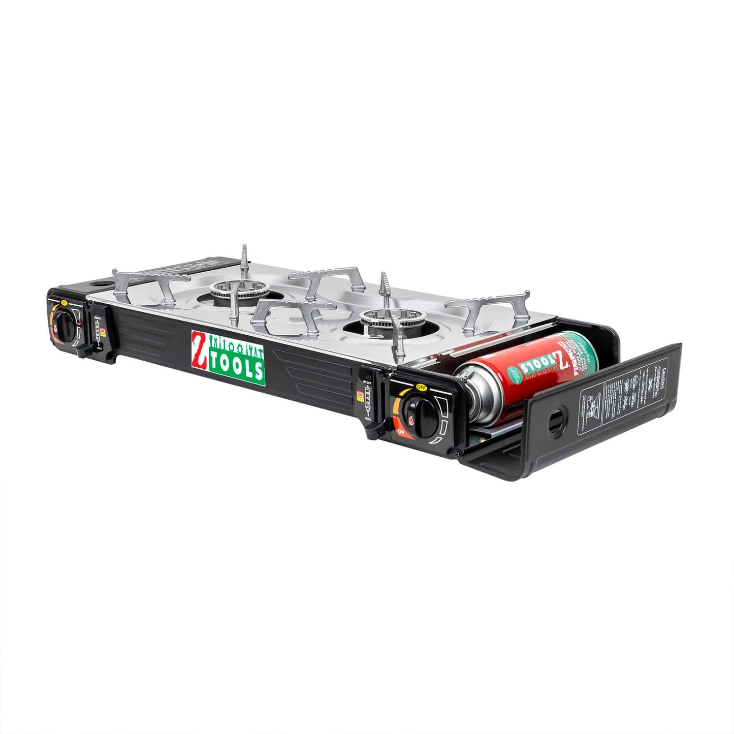 Pachet aragaz camping cu 2 ochiuri, aprindere electrica, putere 2x2.5kw, din inox cu tava gril si cutie de transportat + 4 butelii 410ml / ZTS 5619_1