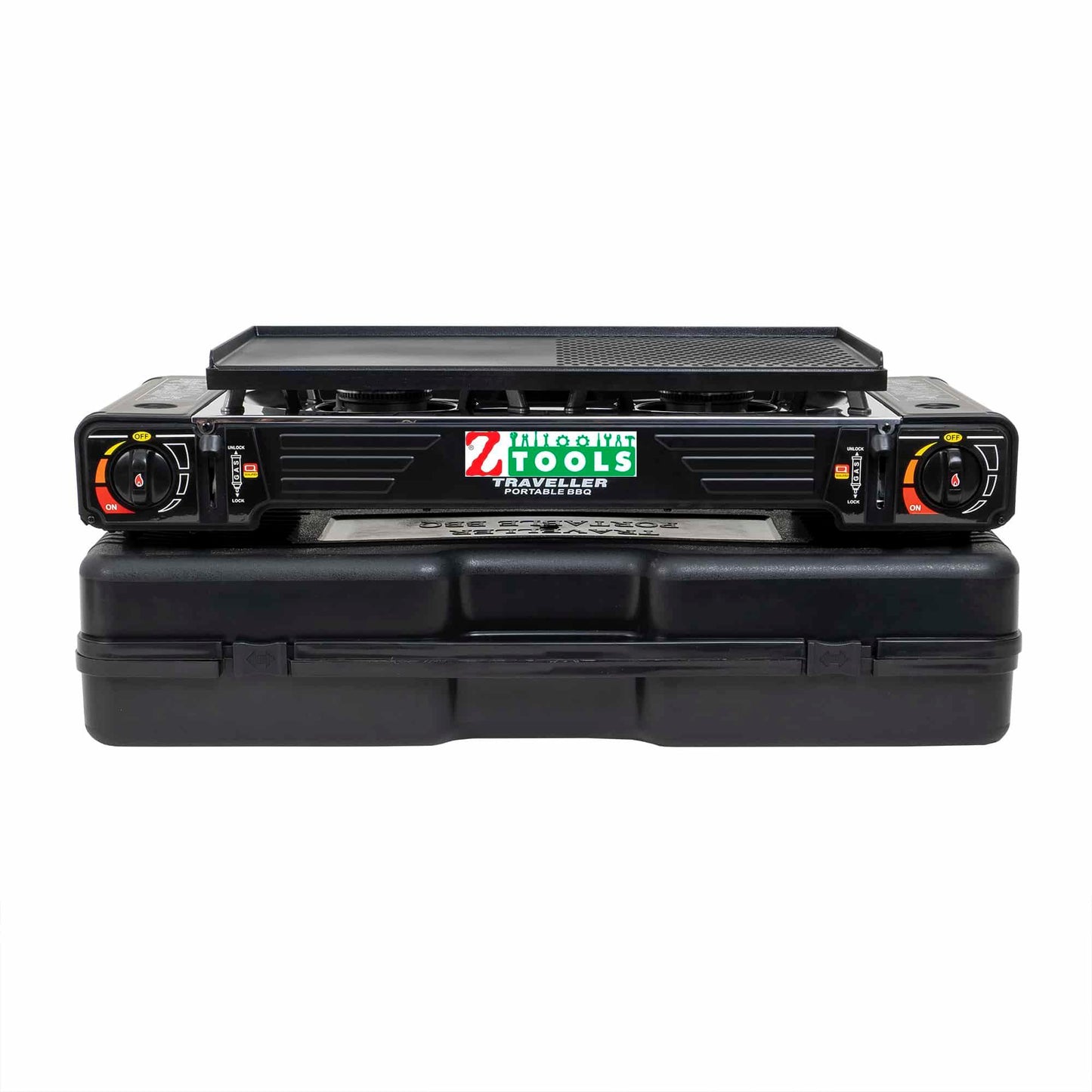 Aragaz camping cu 2 ochiuri, aprindere electrica, putere 2x2.5kw, din inox cu tava gril si cutie de transportat / ZTS 5619