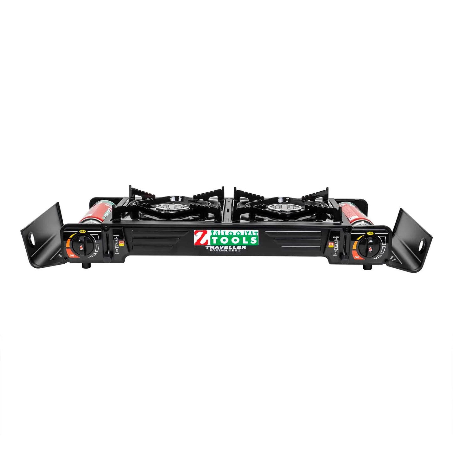 Pachet aragaz camping cu 2 ochiuri, aprindere electrica, putere 2x2.3kw, cu tava gril, spatula, cleste si cutie de transportat + 4 butelii 410ml / ZTS 5620_1