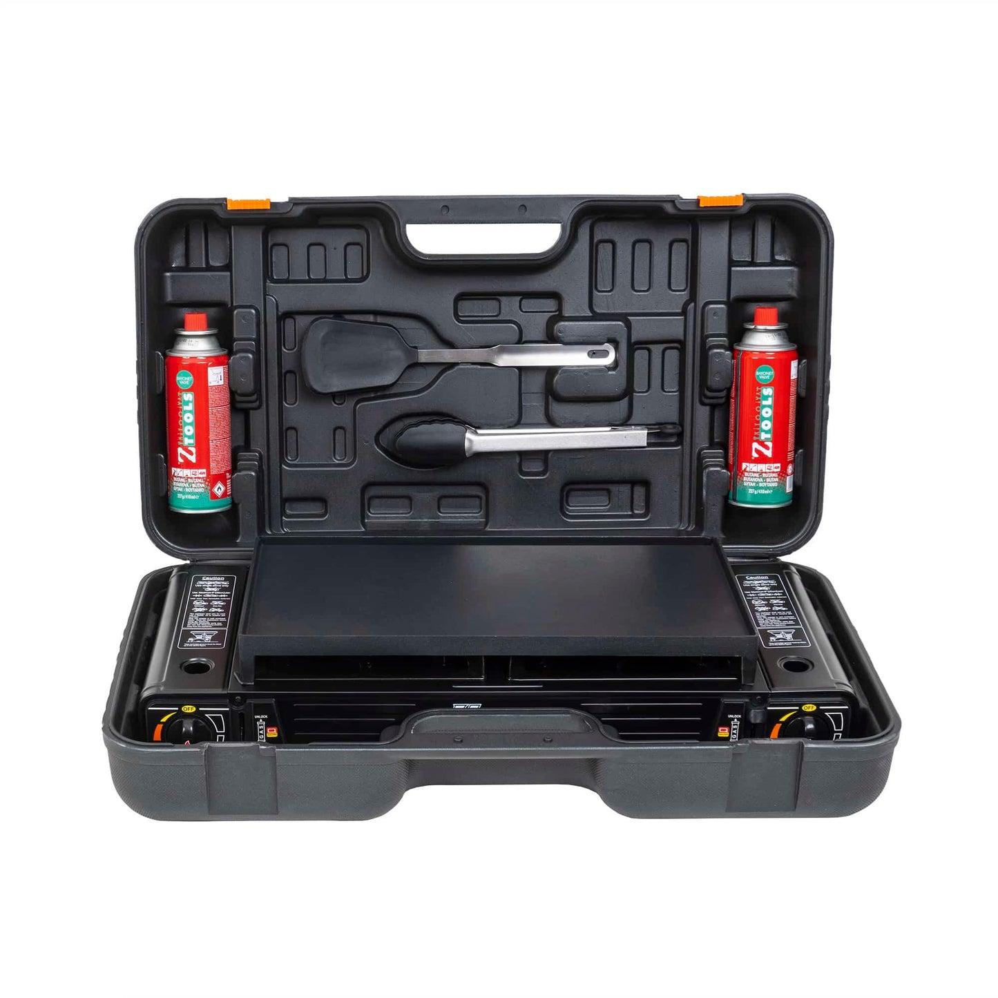 Aragaz camping cu 2 ochiuri, aprindere electrica, putere 2x2.3kw, cu tava gril, spatula, cleste si cutie de transportat / ZTS 5620