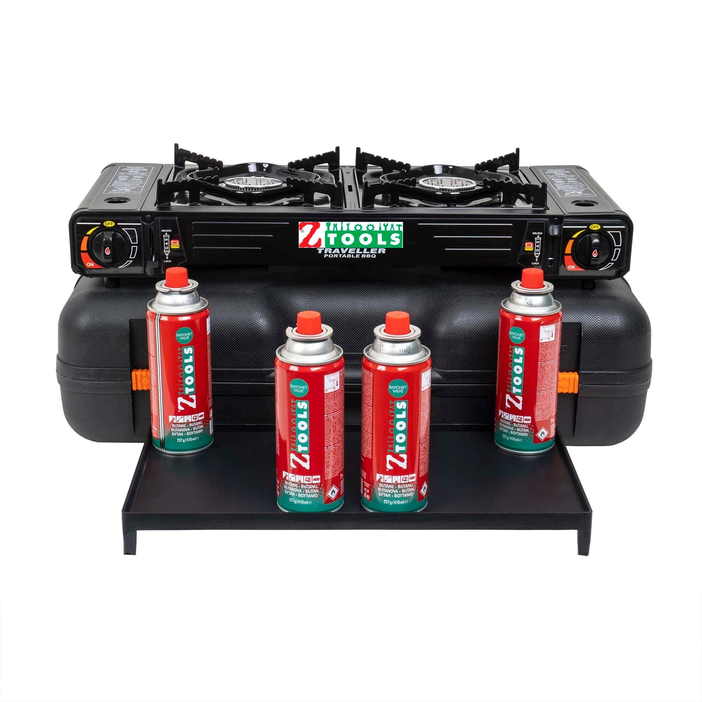 Pachet aragaz camping cu 2 ochiuri, aprindere electrica, putere 2x2.3kw, cu tava gril, spatula, cleste si cutie de transportat + 4 butelii 410ml / ZTS 5620_1