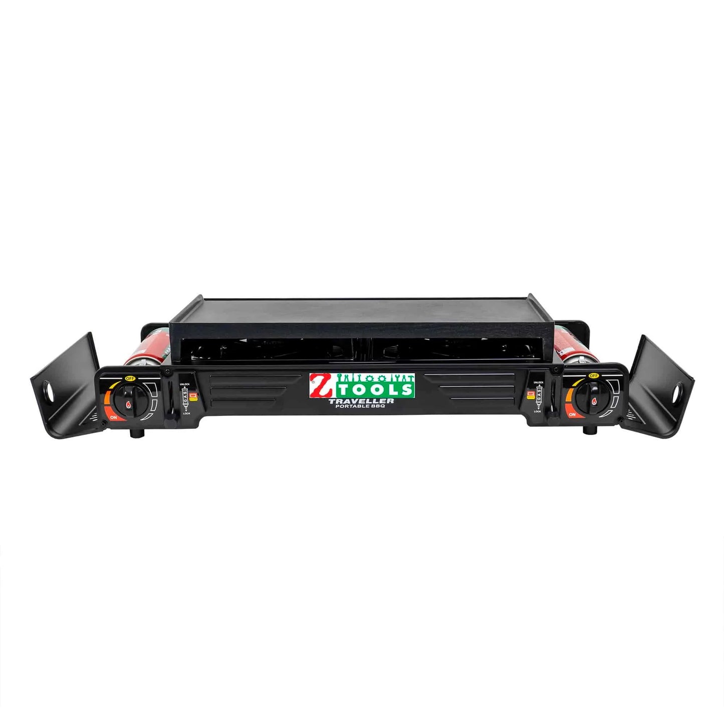 Pachet aragaz camping cu 2 ochiuri, aprindere electrica, putere 2x2.3kw, cu tava gril, spatula, cleste si cutie de transportat + 4 butelii 410ml / ZTS 5620_1
