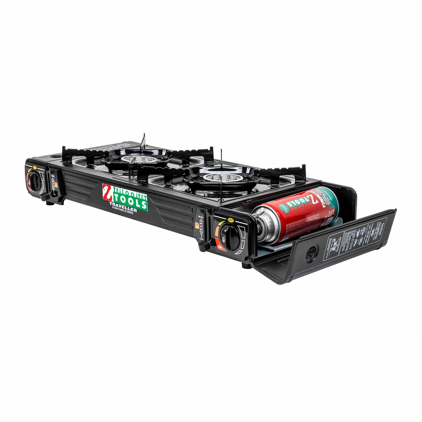 Pachet aragaz camping cu 2 ochiuri, aprindere electrica, putere 2x2.3kw, cu tava gril, spatula, cleste si cutie de transportat + 4 butelii 410ml / ZTS 5620_1