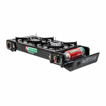 Pachet aragaz camping cu 2 ochiuri, aprindere electrica, putere 2x2.3kw, cu tava gril, spatula, cleste si cutie de transportat + 4 butelii 410ml / ZTS 5620_1